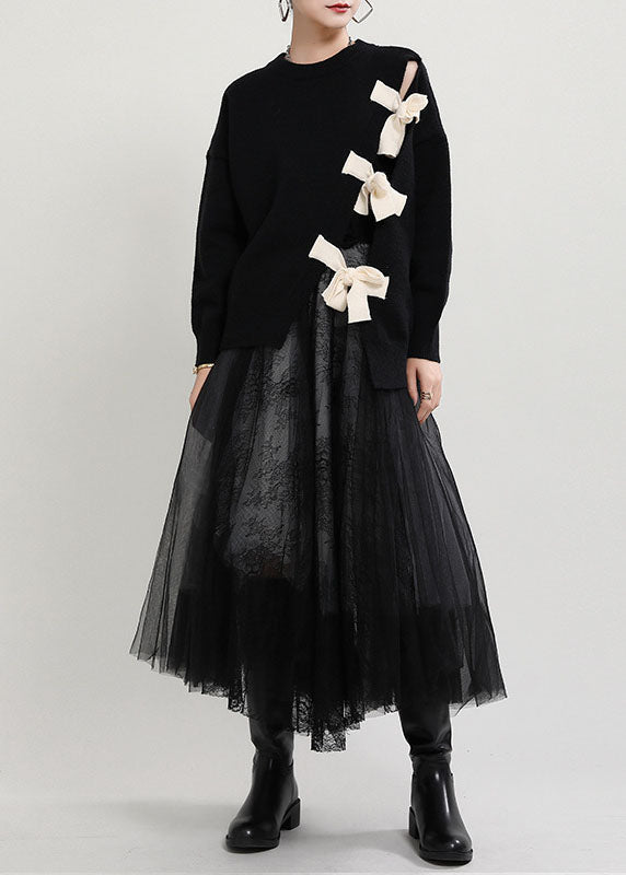 Women's Sweater Black Cotton Blend O-Neck Asymmetrical Design - 4