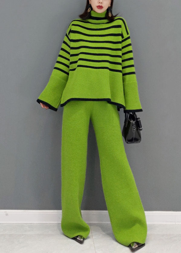 Women's Two-Piece Set Green Knit Striped Turtle Neck Wide Leg Pants - 2