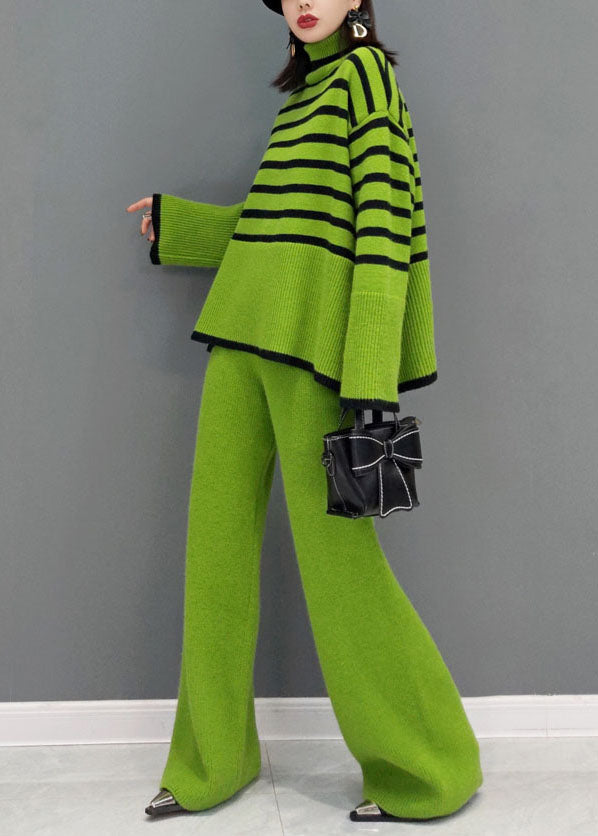 Women's Two-Piece Set Green Knit Striped Turtle Neck Wide Leg Pants - 3
