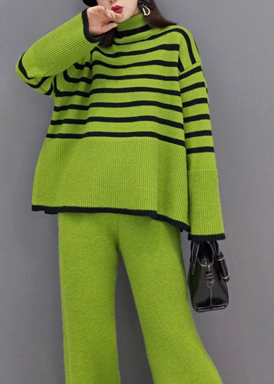 Women's Two-Piece Set Green Knit Striped Turtle Neck Wide Leg Pants - 5