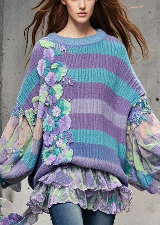 Women's Oversized Sweater Purple Floral Knit Chiffon - 1