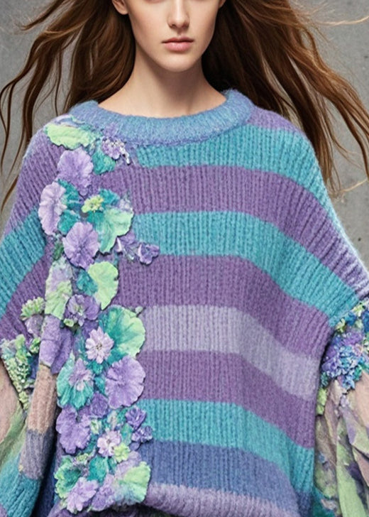 Women's Oversized Sweater Purple Floral Knit Chiffon - 2