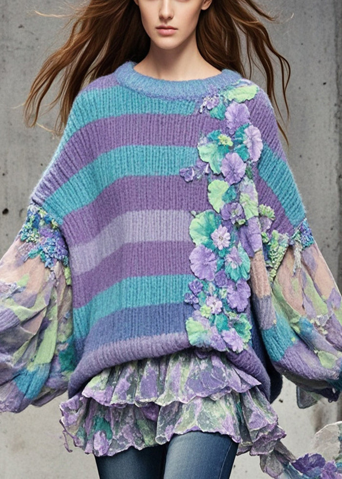 Women's Oversized Sweater Purple Floral Knit Chiffon - 3