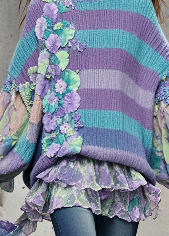 Women's Oversized Sweater Purple Floral Knit Chiffon - 4