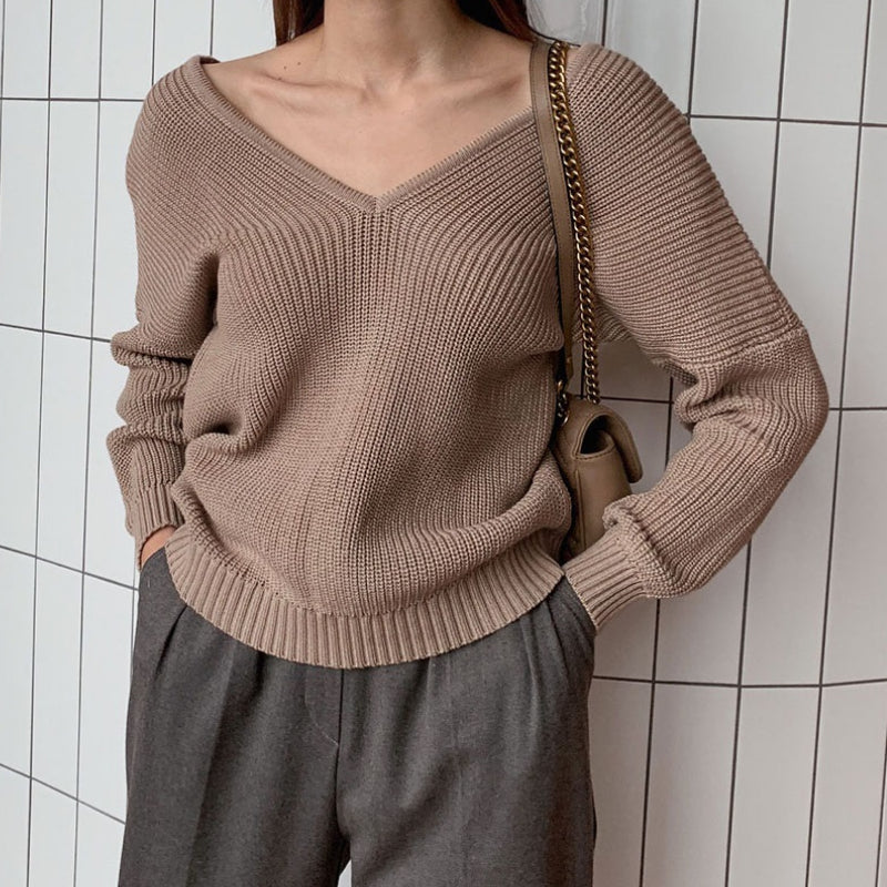 Oversize Knitted Long Sleeve Winter V-Neck Pullover Sweaters 2