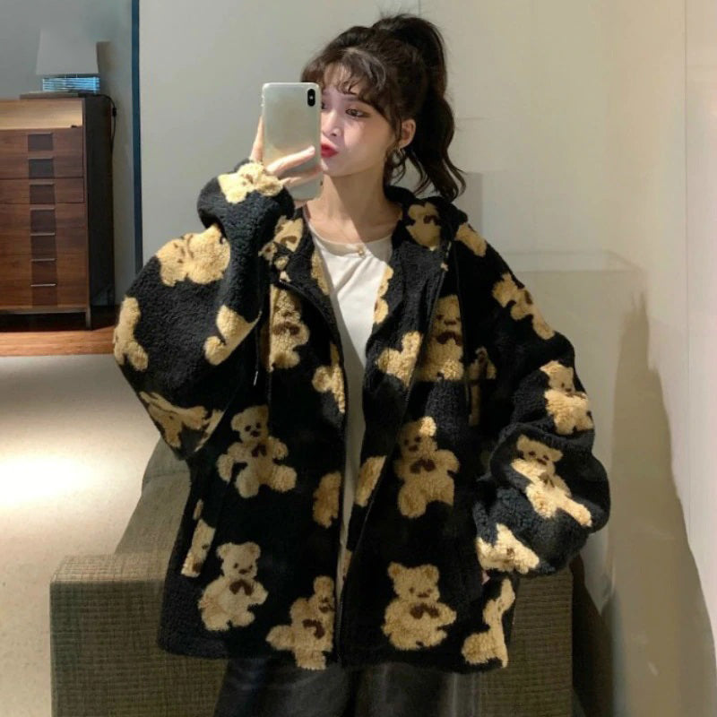 Oversized Hooded Bear Pattern Pullover Sweaters 7