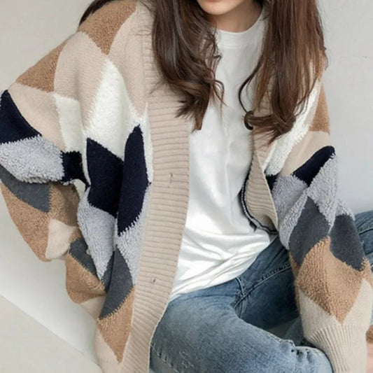 Oversized Plaid Pattern Cardigan Sweater 0