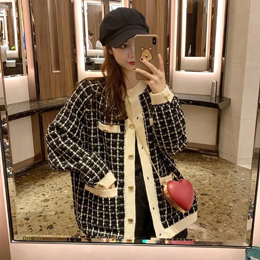 Oversized Retro Plaid Sweater Jacket 0