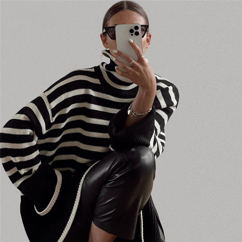 Oversized Streetwear Stripe Turtleneck Pullover Sweaters 1