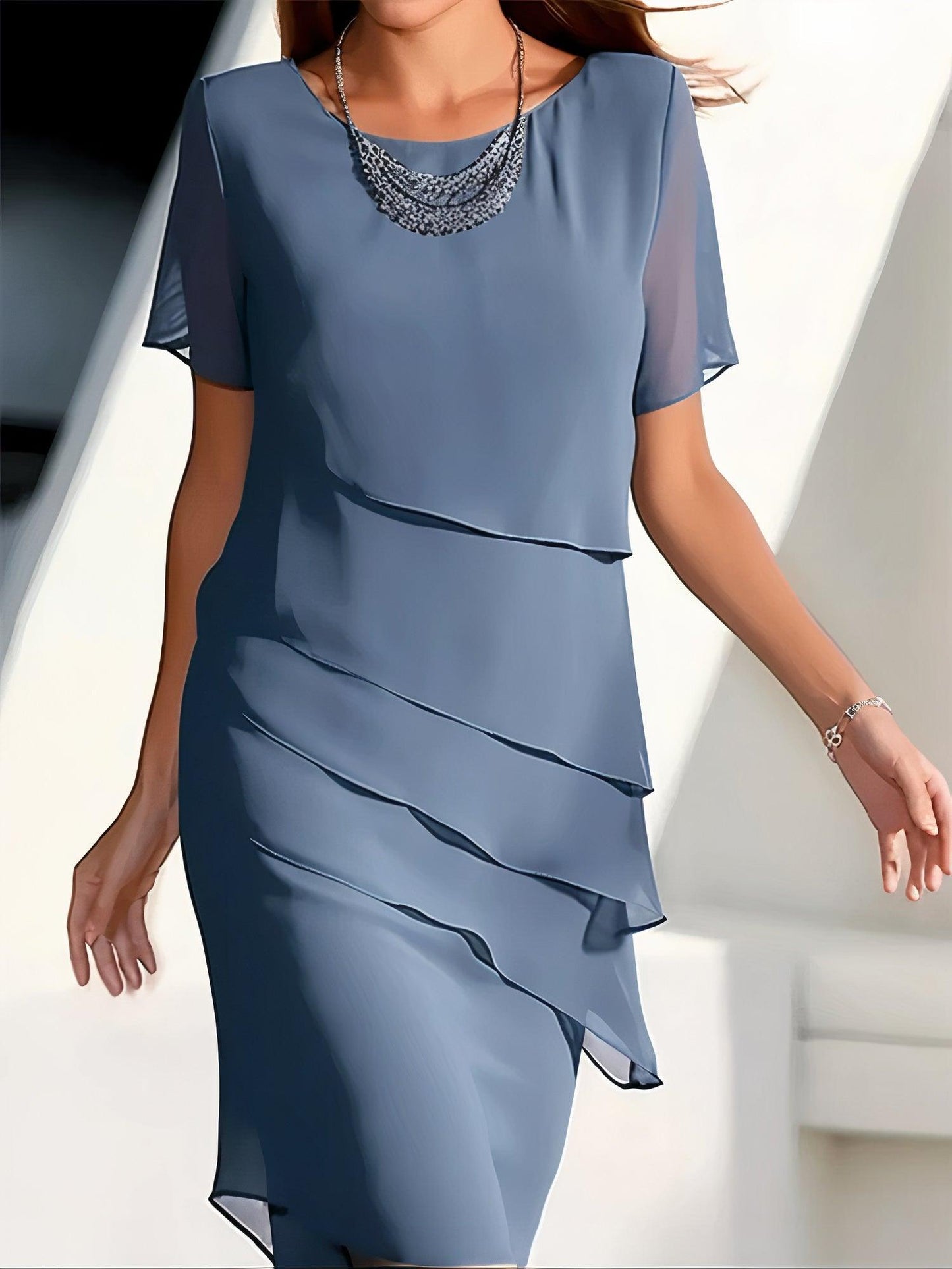 Women's Midi Dress Blue Chiffon Pleated 2