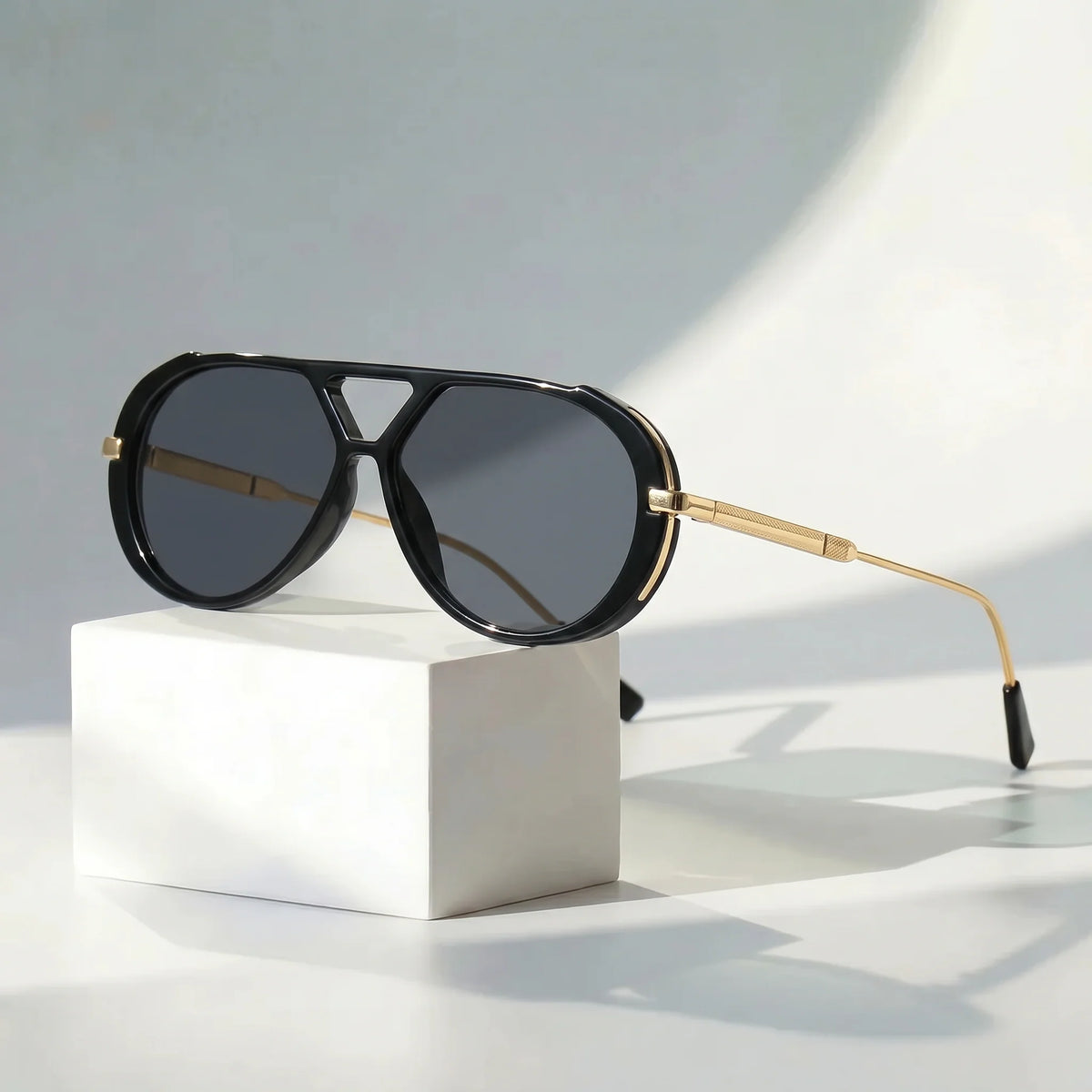 Unisex Angular Double-Bridge Aviator Sunglasses in Black – product view | Hensley London