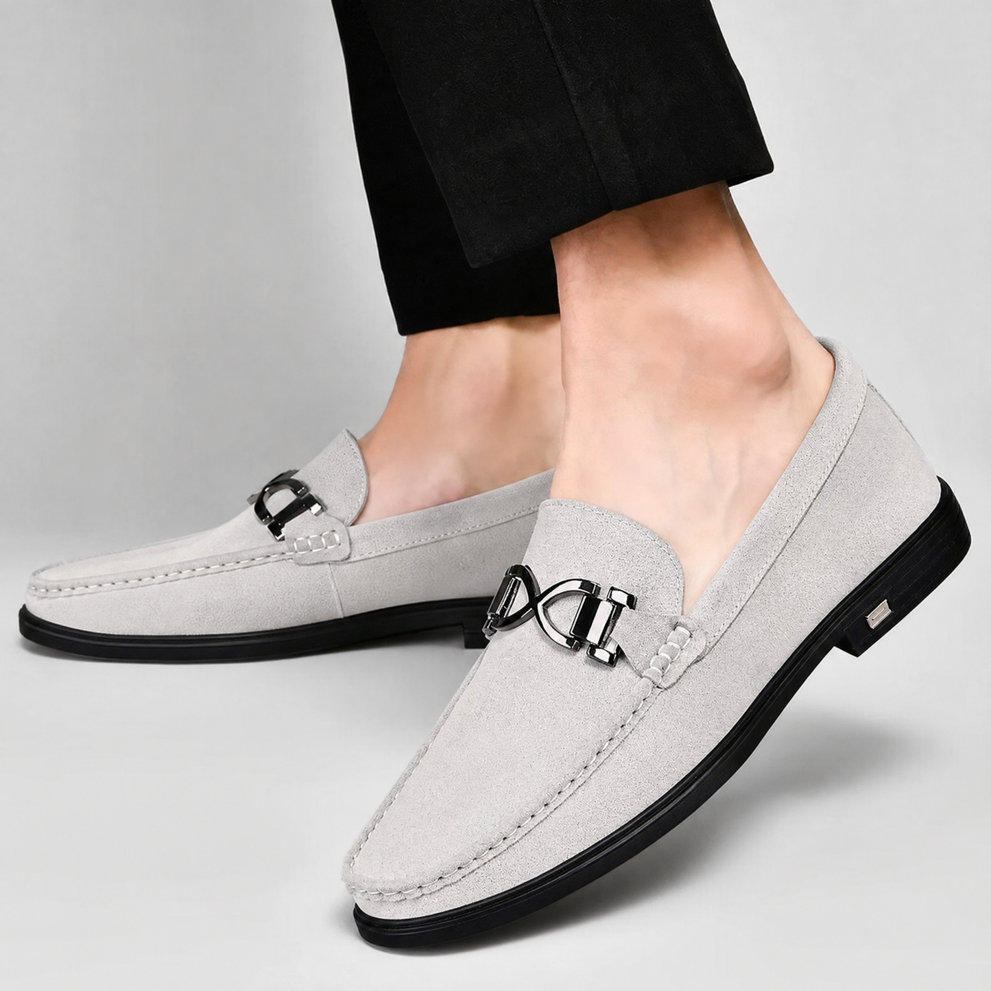 Men's Genuine Suede Penny Loafers in Gray – top view | Hensley London