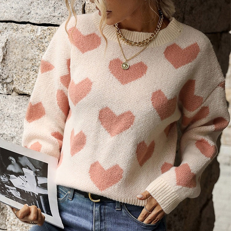 Pink Love Heart Pattern Long Sleeve Pullover Sweaters 0