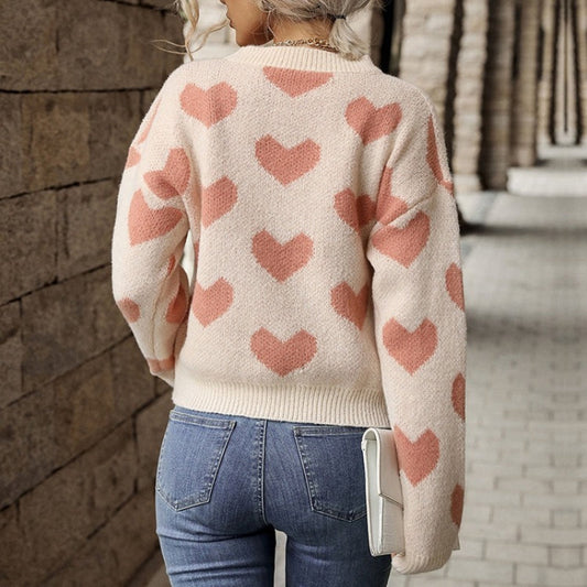 Pink Love Heart Pattern Long Sleeve Pullover Sweaters 1