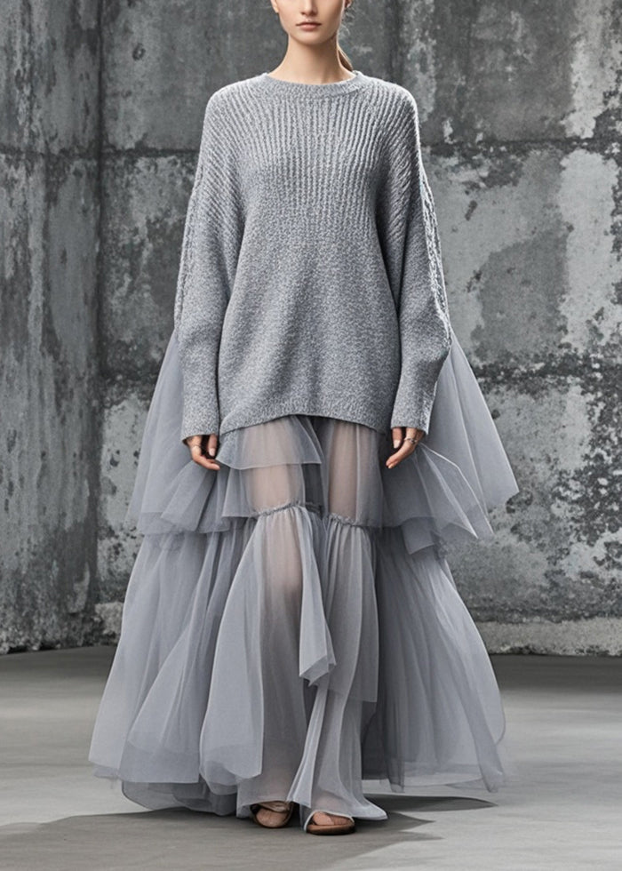 Women's Plus Size Sweater Dress Grey Knit and Tulle Oversized - 1