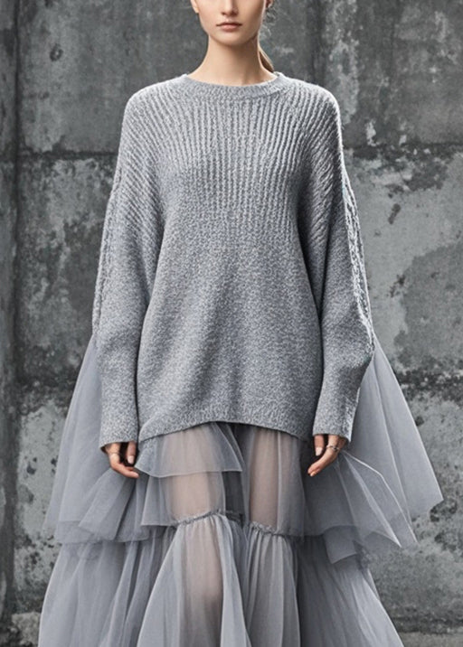 Women's Plus Size Sweater Dress Grey Knit and Tulle Oversized - 2