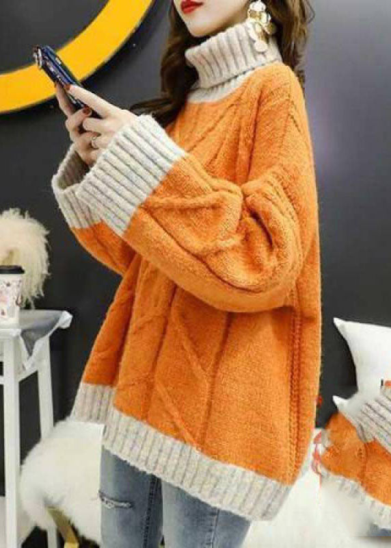 Women's Plus Size Sweater Orange Knit Turtle Neck - 1