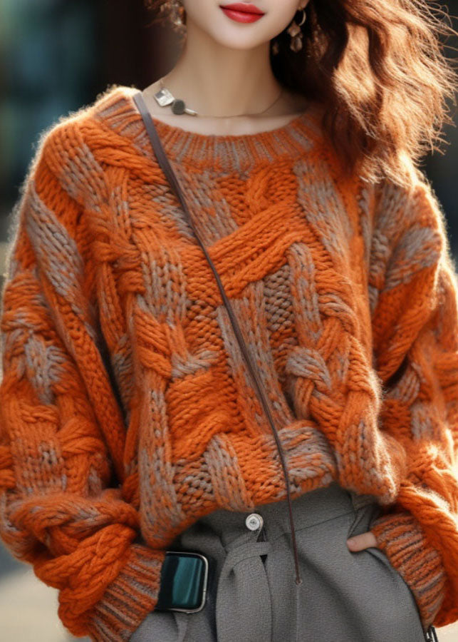 Women's Oversized Sweater Orange Cotton Knitted - 1