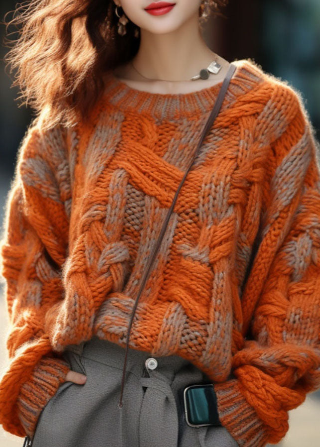 Women's Oversized Sweater Orange Cotton Knitted - 2