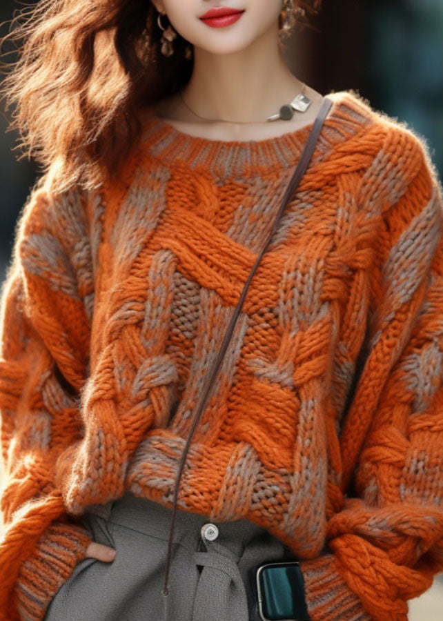Women's Oversized Sweater Orange Cotton Knitted - 4