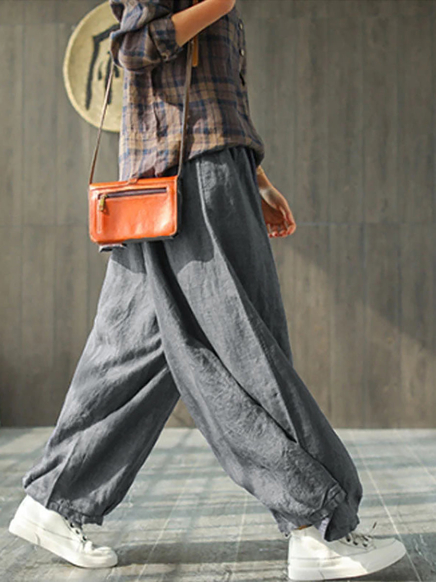 Women's Linen Wide Leg Pants – Plus Size, Elastic Waist, Convenient Pockets – Casual Spring Style - 9