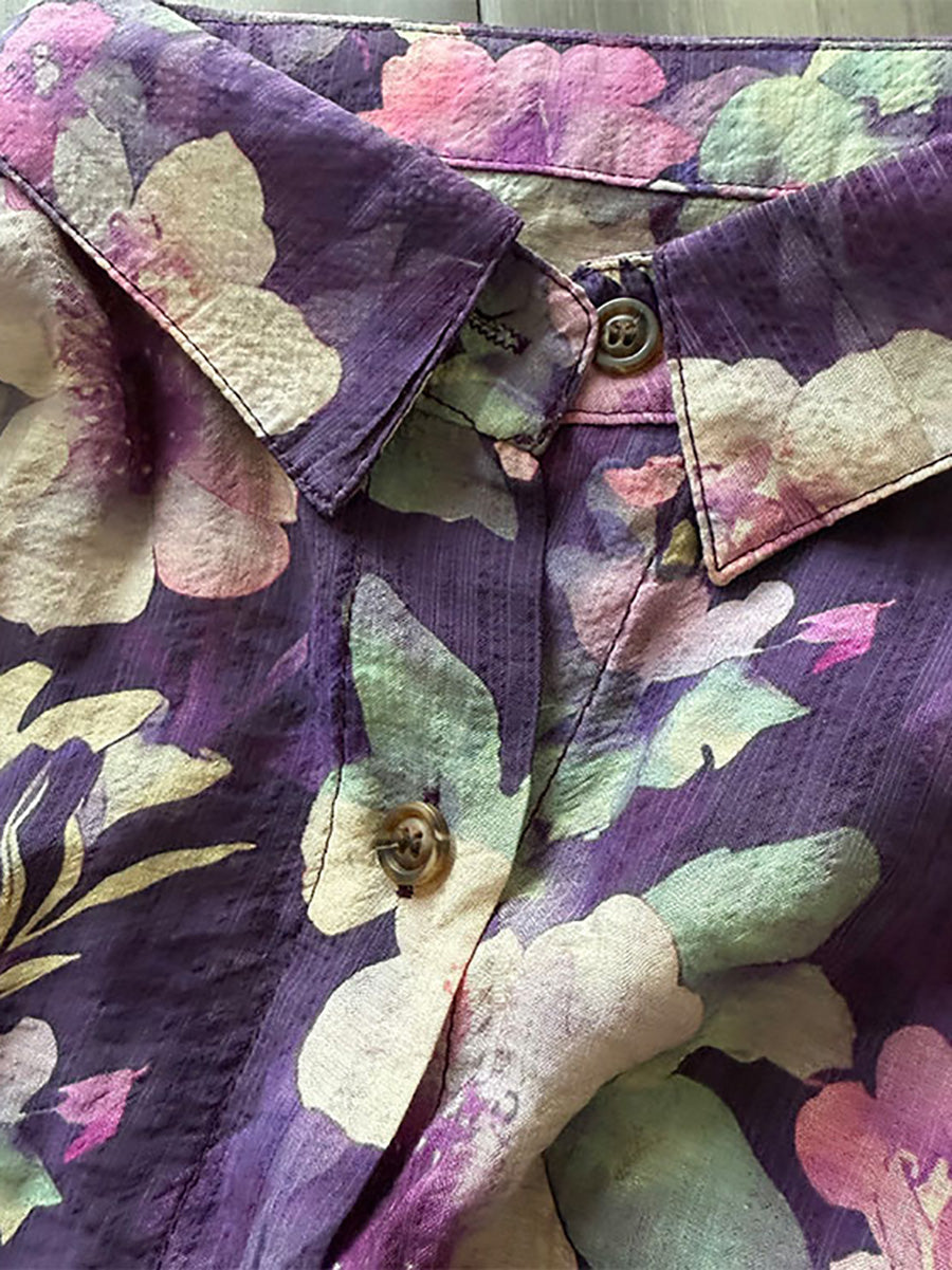 Women's Plus Size Artsy Flower Long Sleeve Shirt, Turn-Down Collar, Lightweight Summer Top - Brand Name - 8