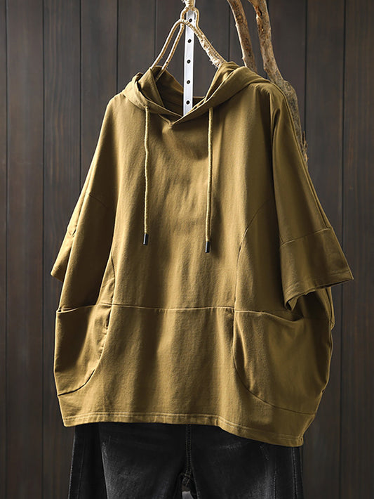 Women's Shirt Plus Size Casual Hooded Cotton Top, Three-Quarter Sleeves, Relaxed Fit - Brand Name - 2