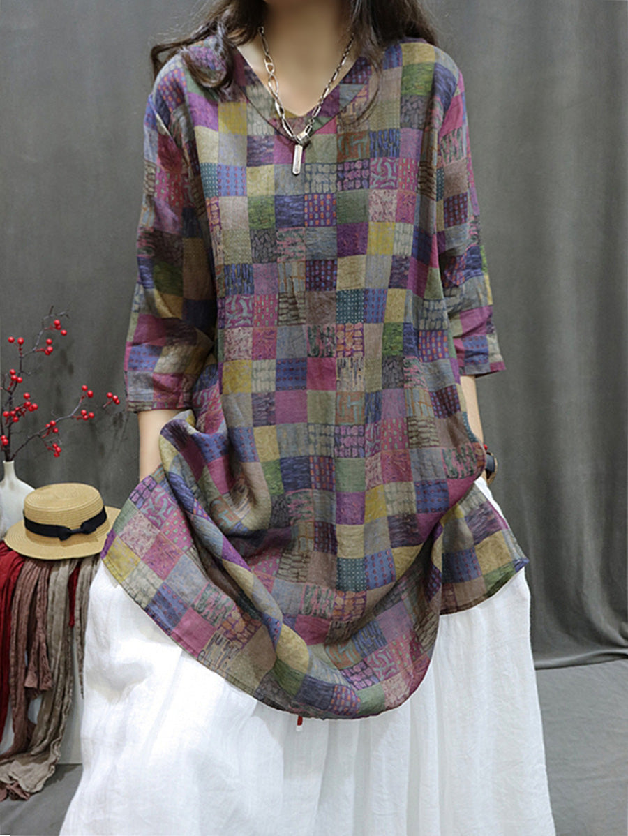 Women's Plus Size Summer Shirt Green V-Neck Ramie Loose Fit Retro Blouse - Image 9