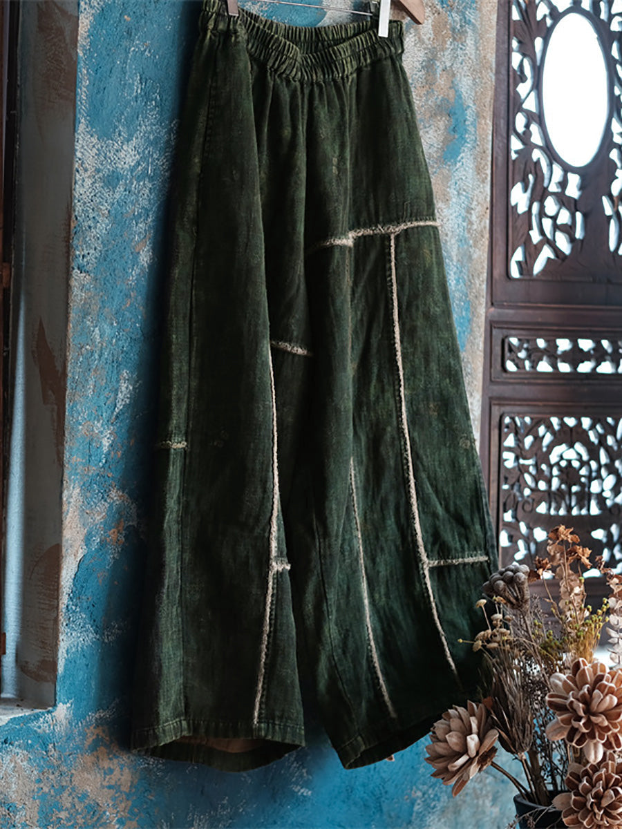 Women's Wide Leg Pants, Cotton, Elastic Waist, Spliced Pattern, Pockets - Brand Name - 6