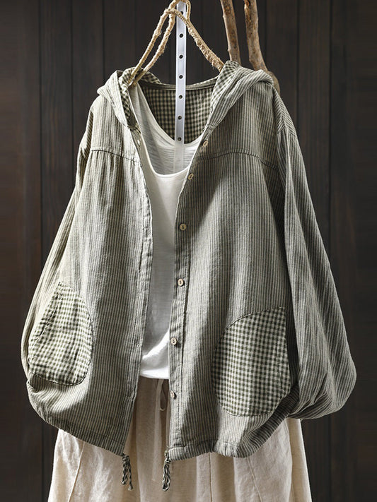 Women's Shirt - Plus Size Hooded Vintage Stripe, Soft Cotton-Linen Blend, Full Sleeves - Brand Name - 2