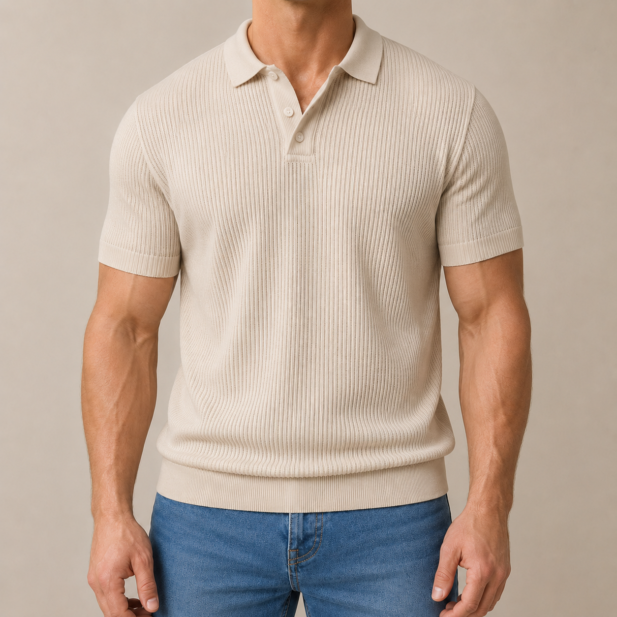Men's Wool-Cotton Textured Knit Polo – lifestyle view | Hensley London