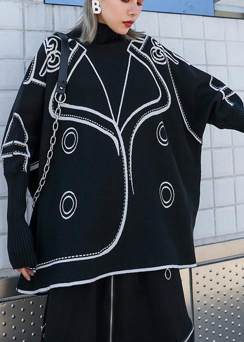 Women's Plus Size Blouse Black Print Knit Batwing Sleeve - 1