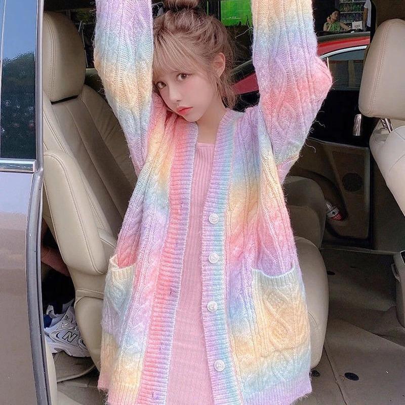 Rainbow Knitted Long Sleeve Cardigan Sweater 0