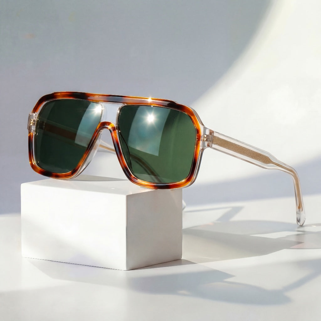 Women's Retro Gradient Sunglasses in Tortoise Green – side view | Hensley London