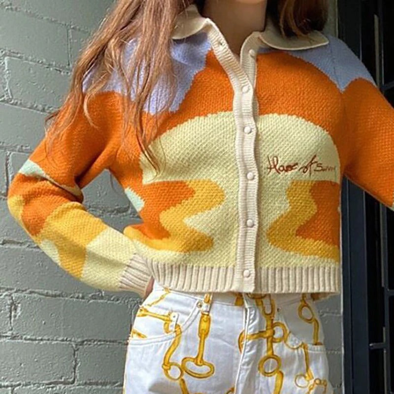 Retro Sunset Pattern Cropped Collared Long Sleeve Winter Cardigan Sweaters 0
