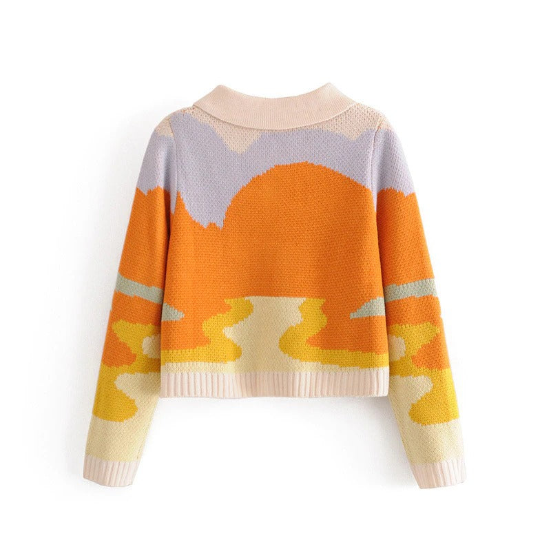 Retro Sunset Pattern Cropped Collared Long Sleeve Winter Cardigan Sweaters 4