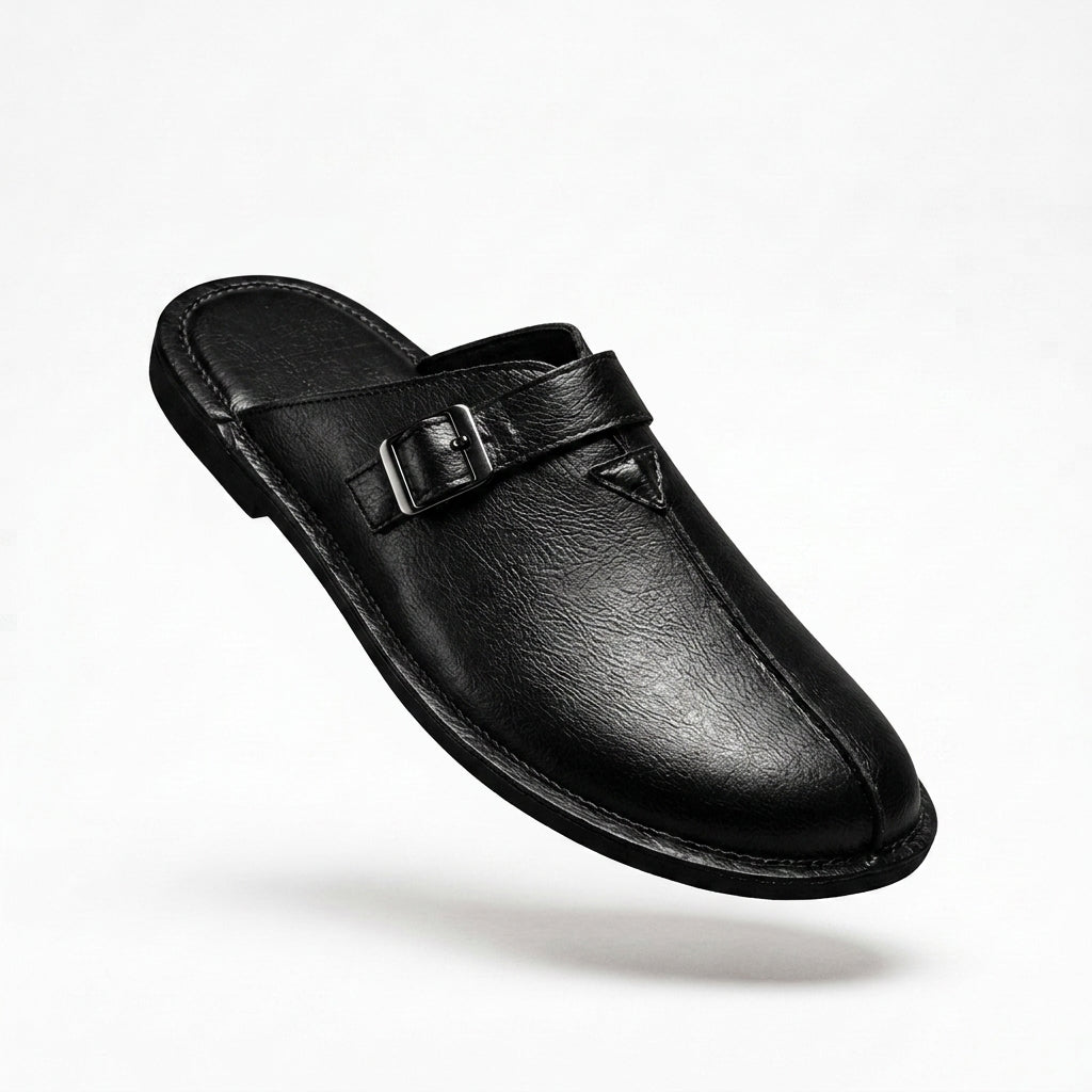 Men's Richard Leather Backless Mules in Black – side view | Hensley London