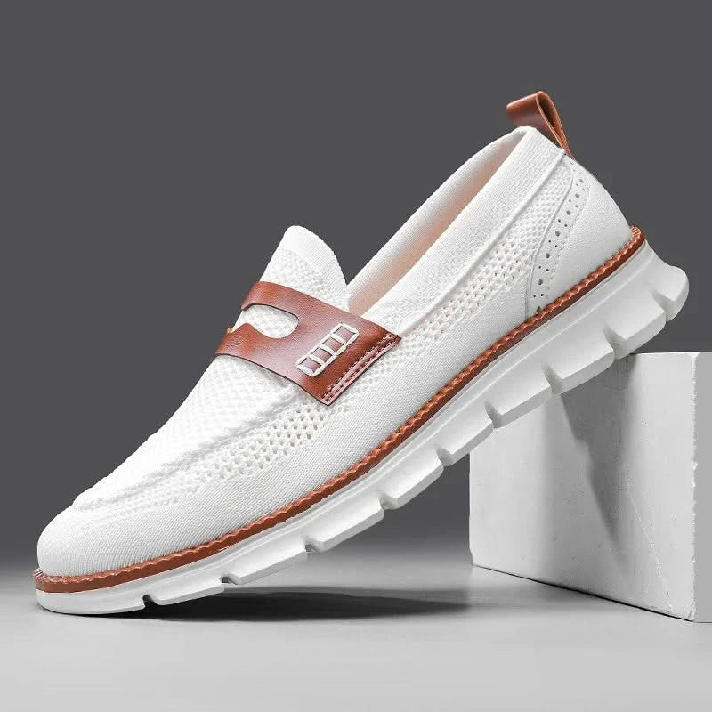 Men's Breathable Mesh Slip-On Loafers in White – front view | Hensley London