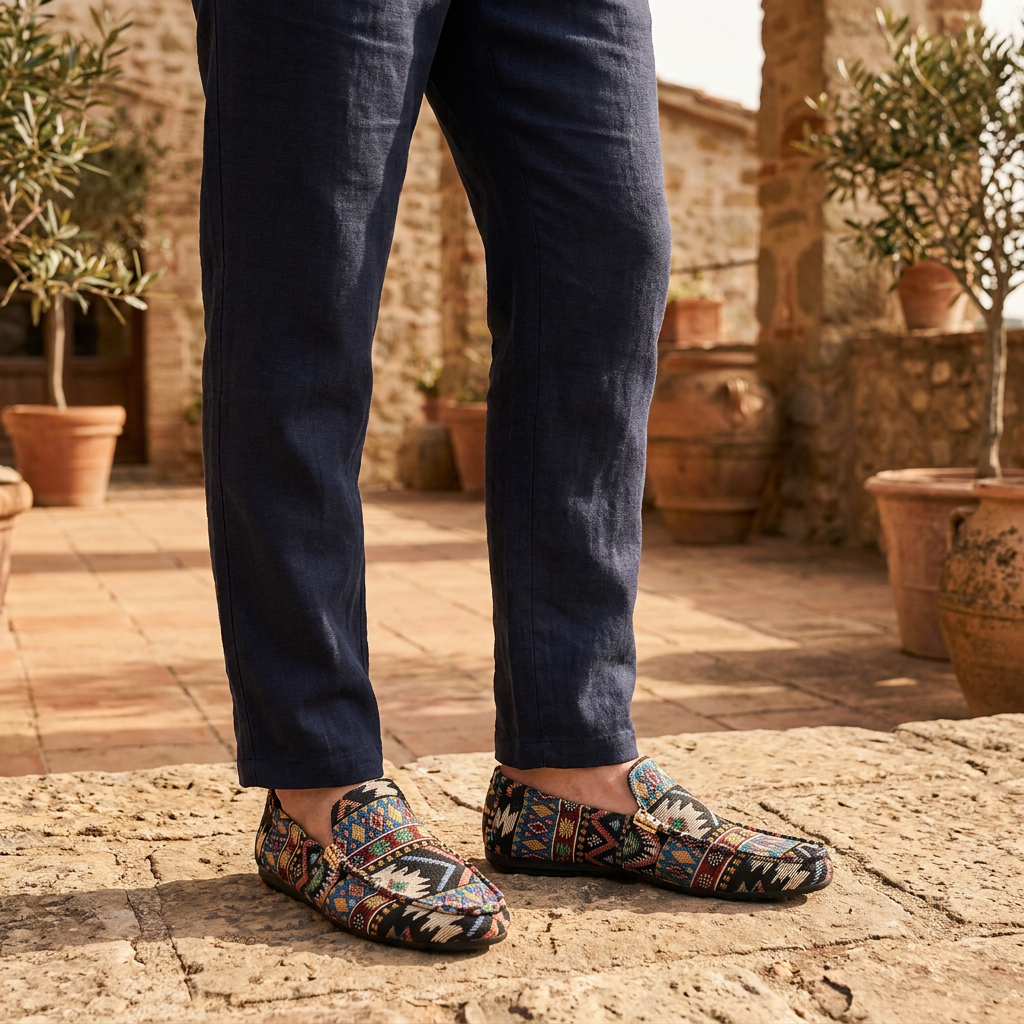 Men's Canvas Aztec-Print Slip-On Loafers in Black – worn view | Hensley London