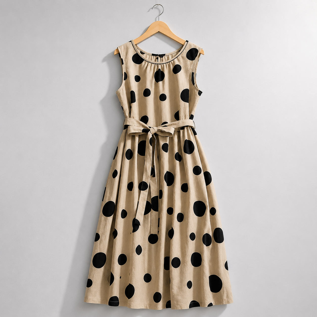 Women's Sleeveless Polka Dot Belted Midi Dress in Polka Dot Print – lifestyle view | Hensley London