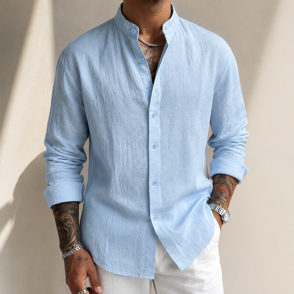 Men's Cotton-Linen Band Collar Shirt in Blue – front view | Hensley London