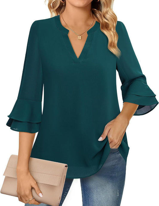 Ruffle Sleeve Blouse with V-Neckline for Women – Lightweight Polyester Blend for Casual and Office Wear 1