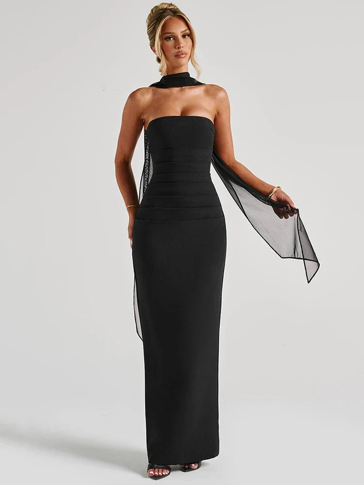 Women's Evening Gown Black Rayon Blend Halter Scarf Detail-3