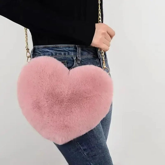 Women's Crossbody Bag Pink One Size Plush Heart-Shaped Fashion Accessory-4