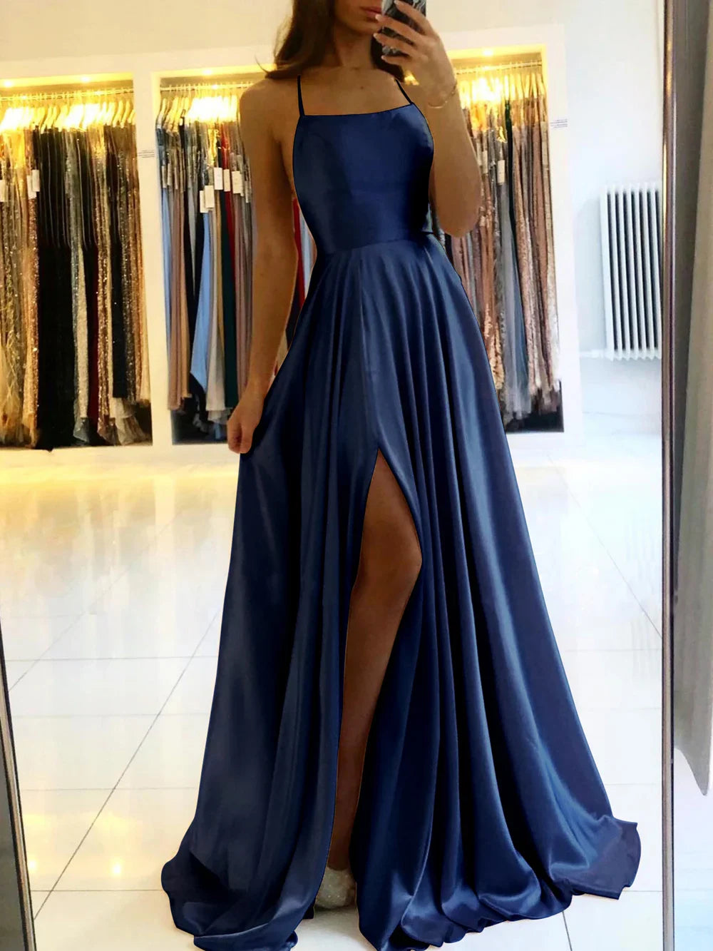 Women's Evening Gown Black Satin Spaghetti Straps High Slit-5