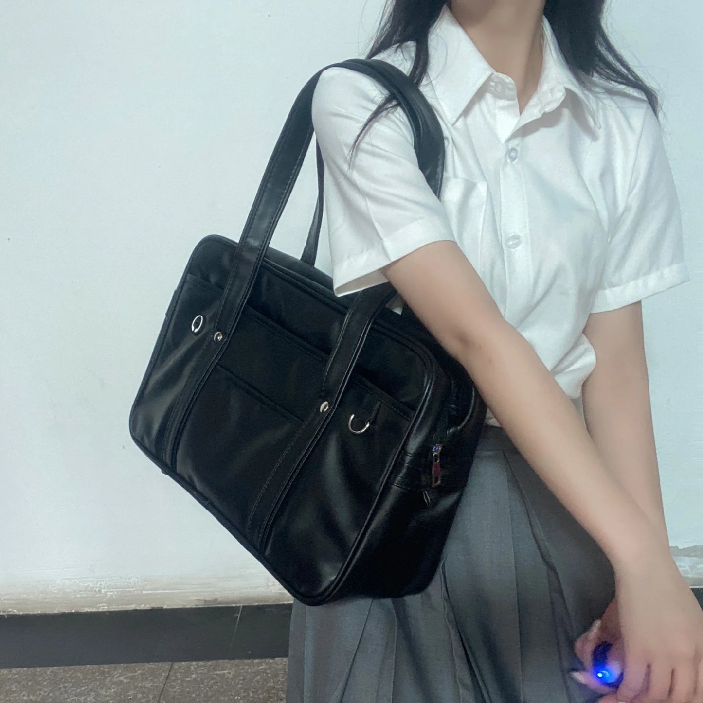Girls' Waterproof Schoolbag Black One-Shoulder Size One-Size PU-5