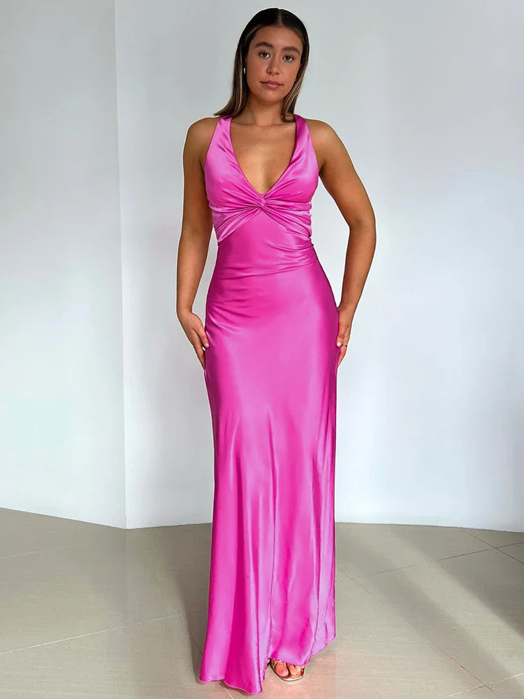 Women's Evening Gown Black Size M Satin Maxi Dress-4