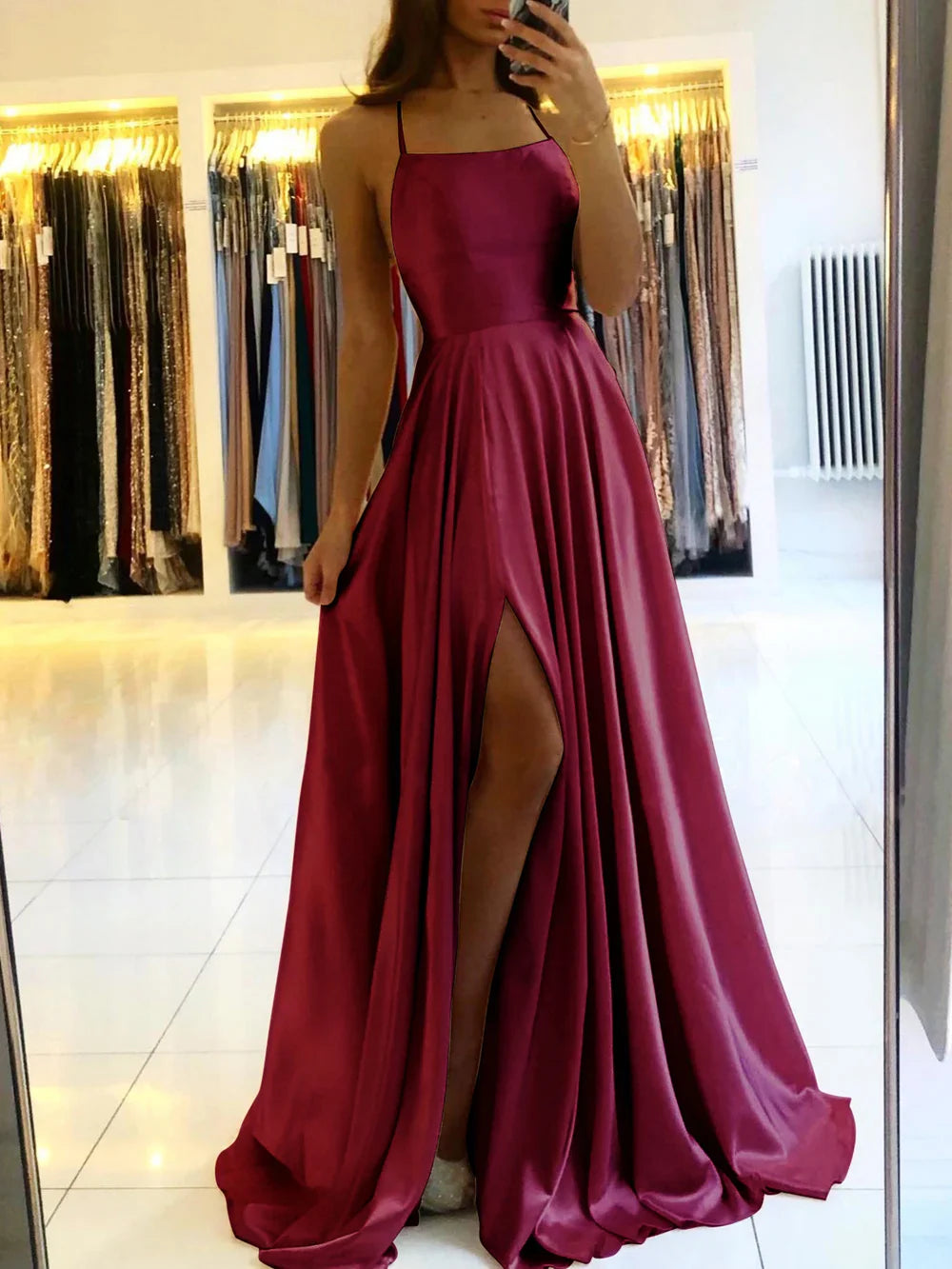 Women's Evening Gown Black Satin Spaghetti Straps High Slit-6