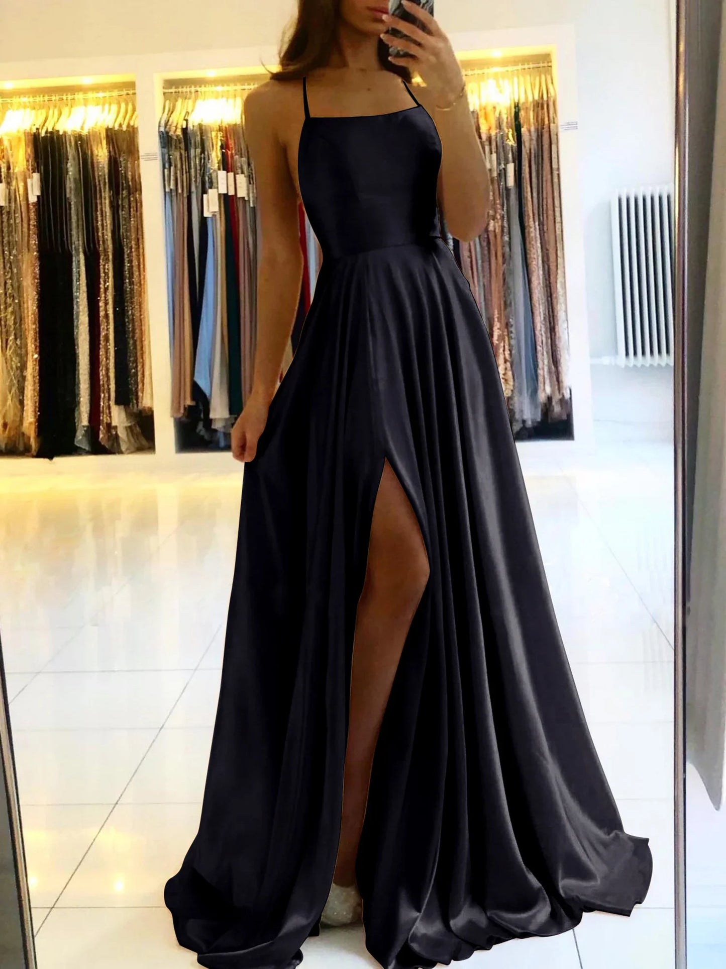 Women's Evening Gown Black Satin Spaghetti Straps High Slit-3