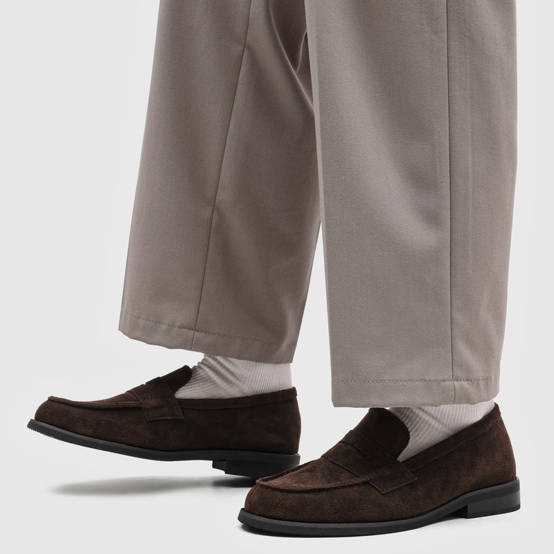Men's Suede Penny Loafers with Stitched Moc Toe in Dark Brown - additional view 41 | Hensley London